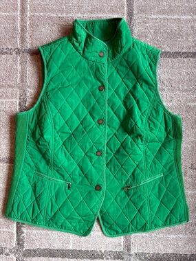 Talbots Quilted Vest Women Sz X Emerald Green Ribbed Sides Copper Snaps Pockets